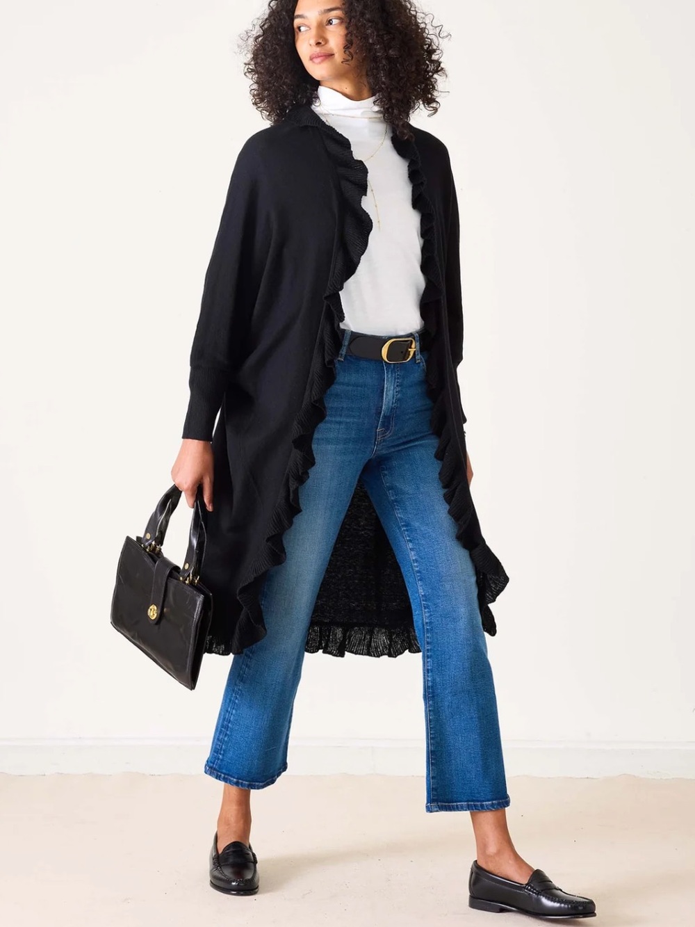 Mersea Chelsea Ruffle Kimono Cardigan Black One Size NWT New